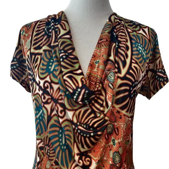 Jean Paul Gaultier Soleil Womens Earth Tone Palm Leaf Print Drape Neck S/S Top L
